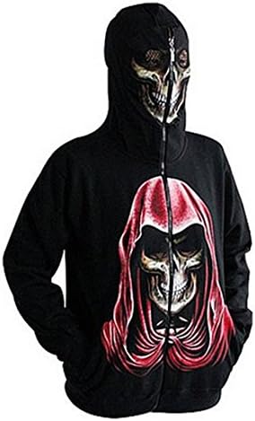 Mens Plus Size Horrible Skull Head Hoodie Halloween Party Zip Closure Hooded Top Coat (XL, black)