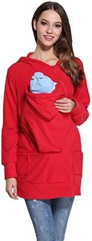 Women Multifunction Mom Kangaroo Sweater Kids Hooded Pocket Loose Zipper Long Coat Casual Cardigan . Red . Xxl