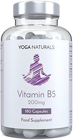 Vitamin B5 Pantothenic Acid Yoga Naturals 200mg 180 Capsules Vegetarian. Helps Adrenal Fatigue. Muscle Pain Relief & Metabolism Booster for Men & Women. 6 Month Supply