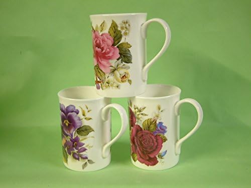 Set of 3 bone china mugs with garden flower design of pansy-rose-camellia