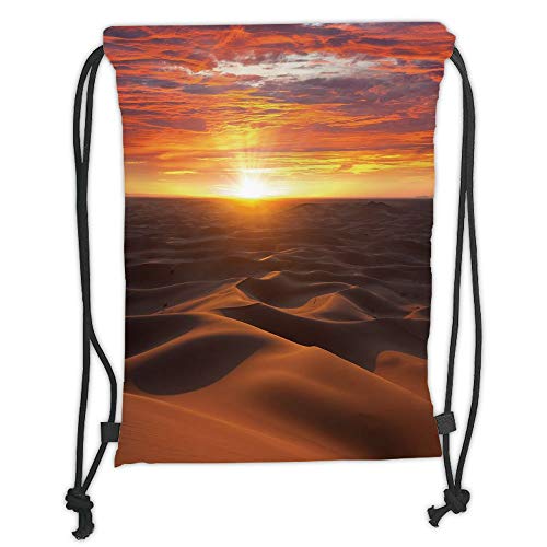 ZiJface Drawstring Backpacks Bags,Desert,Dramatic Sunset Scenery at Sahara Dunes Arid Landscape Morrocco Summer Nature,Gold Yellow Coral Soft Satin,5 Liter Capacity,Adjustable String Closu