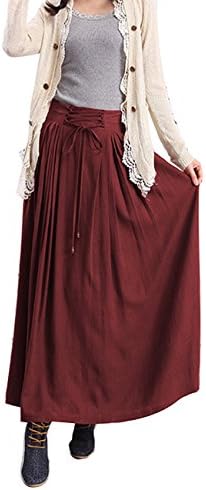 Femirah Women's Cotton and Linen Maxi Skirt 6 Colors (One Size, Burgundy)