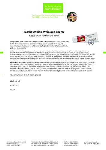 Rosskastanien-Weinlaub-Creme mit Getreidekeim, Jojobaöl und Avocadoöl 150 ml - 2