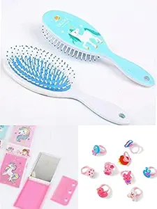 GoMerryKids Set of 3 Items Girls Sequin Confetti Unicorn Comb/ Detangling Hair Brush with Mini Compact Pocket Mirror n Comb & Kids Girls Rings