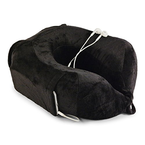 Nackenkissen von evo-cative - anschmiegsamer Memory-Schaum - Nackenhörnchen mit integrierter Handytasche und Aufbewahrungstasche (Schwarz)