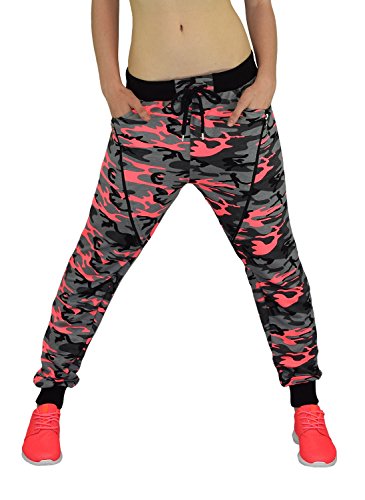 Gorilla-Star starke Damen Camouflage-Sporthose Jogginghose Freizeithose mit tollen Details in Neon-Grün Neon-Pink und Blau Größe M-XXL (36-42)