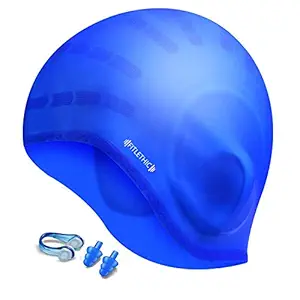 FITLETHIC Long Hair Swimming Cap, Silicone Waterproof Swim Cap with Ear Protection for Women, Girls, Men and Adults, 3D Ergonomic Design Comfortable and Durable Comes with Nose Clip & Ear Plugs - Blue