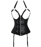 Kiwi-Rata Black Faux Leather Zipper Buckles Corset Underbust Bustier Top, Black, L/UK 10-12