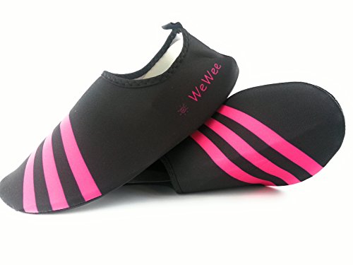 WeWee Sehr bequeme Damen Barfußschuhe aus elastischen Neopren, schwarz mit drei pinken Streifen, geeignet für ganz viele Indoor Aktivitäten: im Fitnessstudio,für Crossfit, Zumba, Tanzen, Yoga und als Wasserschuhe aber auch zu Hause als Hausschuhe - 8