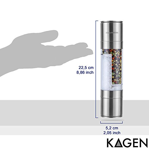 KAGEN Salz- und Pfeffermühle 2in1 aus Edelstahl und Acrylglas mit Keramik-Mahlwerk – Gewürzmühle / Salzmühle / unbefüllt / Dual Mühle / Mühlen-Set /Kombi-Mühle – mit 2 Jahren Geld-zurück-Garantie - 3
