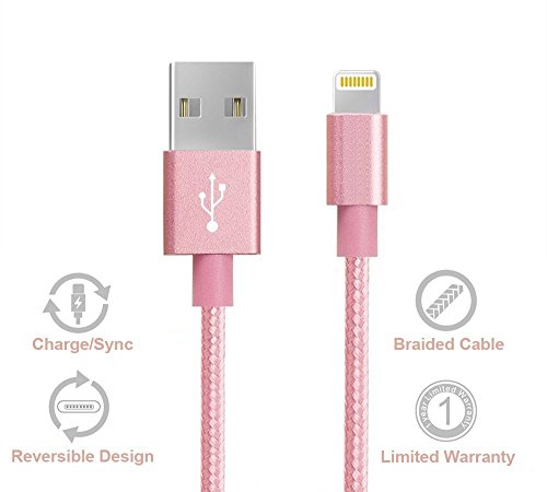 Nylon iPhone Lightning Ladekabel-[Lebenslange Garantie]-TUOYA Nylon Apple iPhone Lightning to USB3.0 Datenkabel, Hi-Speed Sync und Schnelles Lightning Ladekabel Syncwire mit 8 Pin Aluminium Steckerr für Apple iPhone 7/ 7 Plus/ 6s/ 6s Plus/ 6/ 5/ SE/ iPad Air/ iPad 4/ iPad mini/ iPod nano 7/ iPod (2pack-9,9ft/3m, Pink) - 3