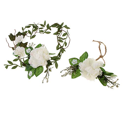 Fenteer 2pcs Boho Flower Crown Wedding Hair Wreath Headband Garland Wrist Band Set Bride Beach Hair Accessory - Beige, as described