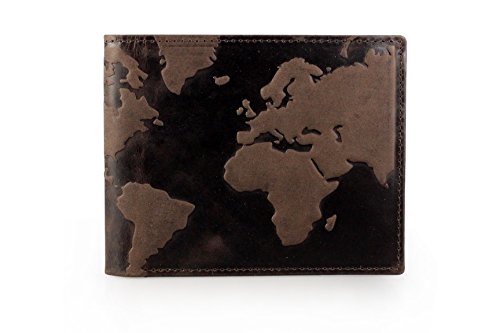 Unique Mapa del Mundo en relieve de piel cartera verde/marrón Marrón Dark Brown Distressed Talla única