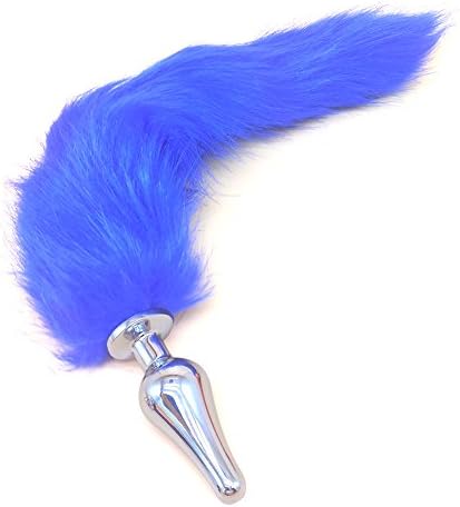 Artificial fox tail Funny And Fluffy Blue Sexy Fox Tail Super length 80cm Cosplay Fox Tail Toy Stage Props Chrome Smooth Metal or Silicone Handmade Plugs (Silver Cone Metal)