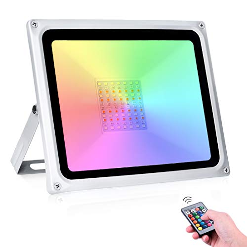 50W Foco LED RGB 16 Colores y 4 Modos IP65 Impermeable Proyector Exterior Con Control Remoto LED Foco de Colores para Jardín Hogar Fiesta Etapa [Clase de eficiencia energética A+]