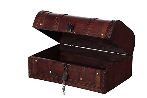 Truhe HD 86002-Schloss Truhe, MIT Schloss und 2 Schlüsseln, Holztruhe abschließbar, Schatzkiste,Kiste, Piratenkiste, Kleinmöbel, Mit Metallbeschlägen, Antikoptik, Holz, Maritim, Deko, Hochwertig, Kolonialtruhe, Kolonialstil, Holzbox, Truhe mit Ornamenten . 30 x 20 x 15 cm - 3