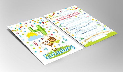 12 Einladungskarten zum 4. Kindergeburtstag für Jungen/Mädchen / bunte Einladungen zum Geburtstag für Jungen/Mädchen „Süße Tierchen / Süßer Affe“ - 3