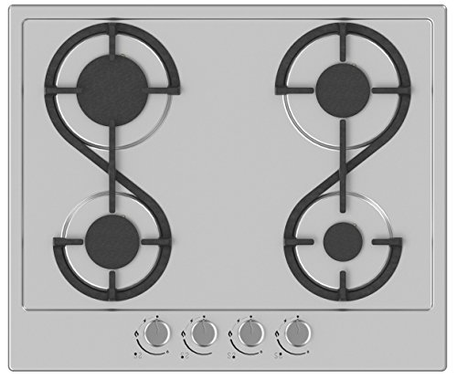 Hudson Table Plaque de Cuisson 4 feux Gaz - HTG 4 I - A encaster - Design - En émail Inox Gris - Très haute résistance - Dimension : 58x51x5 cm