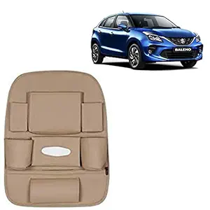 RD Universal PU Leather Car Auto Seat Back Organizer Multi Pocket Travel Storage Bag with Hangers, Tissue Paper and Bottle Holder-Beige Colour Compatible for Maruti Suzuki New Baleno