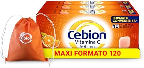 Cebion Vitamina C 500 mg Masticabile Arancia, Supporta il Sistema Immunitario e il Metabolismo Energetico, 120 Compresse, Integratore Alimentare​ + sacca da palestra