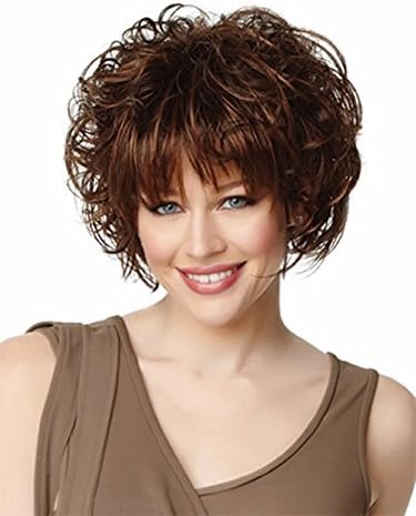 Women Lady Short Curly Hair Wig Tonake Stylish Dark Reddish Brown Hair Bangs Heat Resistant Wigs