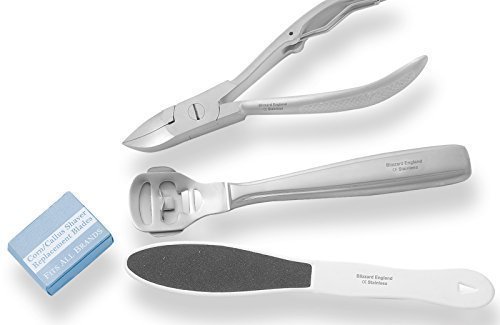 Blizzard Podiatry 4-Pcs Patient Use Instrument Set - Chiropody Toe Nail Clipper Nipper, Foot Rasp, Corn Cutter Shaver, Replacement Blade Kit - Stainless Steel Pedicure Plier - CE Approved Foot Care Tools