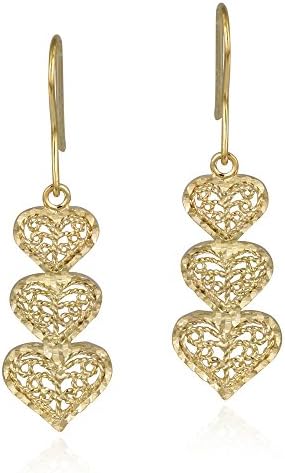 18K Gold over Sterling Silver Filigree Three Heart Drop Earrings