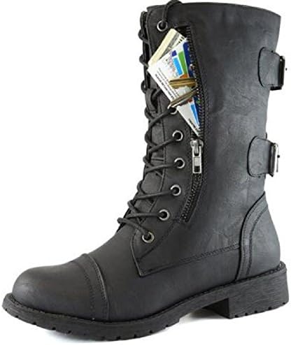 Dniu Women's Mid Knee High Boots,Lace Up Buckle Boots with Secure Zipper Credit Card Pocket(Black,9 UK)