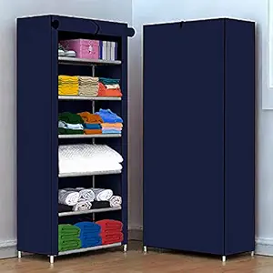 Keekos Fancy and Portable Foldable Collapsible Closet/Cabinet Collapsible Wardrobe Organizer, Multipurpose Storage Rack for Kids and Women, Clothes Cabinet, Bedroom Organiser_6 Layer Navyblue