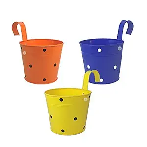 GIG Handicrafts Dotted Metal Round Railing Planter (18 cm x 25 cm x 23 cm, Blue, Yellow & Orange) (Pack of 3)