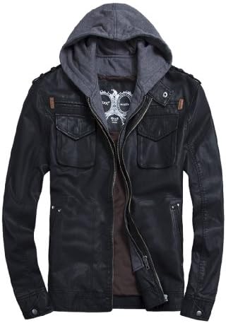 THOOO Men's Cool Zip Up Leather Hooded Biker Jacket Rock Punk Jackets Coat Black XL