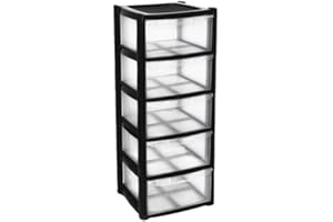 VTL® 5 Plastic Storage Drawers - Large Tower - Black Colour - Tall Tower