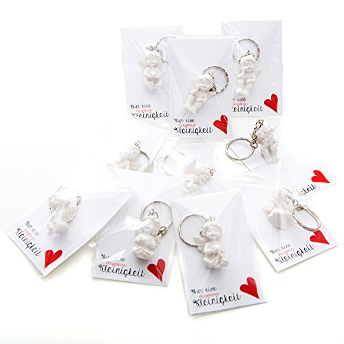 20 St. kleine weiße Engel-Schlüssel-Anhänger 3,5 cm aus Gips mit Kärtchen "Nur eine klitzekleine Kleinigkeit" in rot und schwarz mit Herz