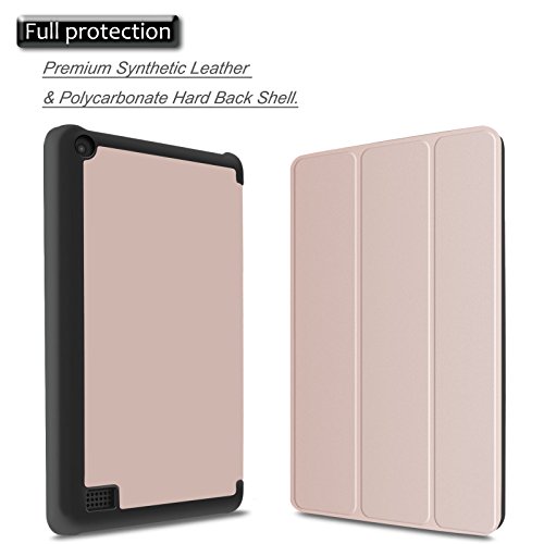 Das neue Fire 7 2017 ( 7-Zoll-Tablet, 7. Generation) Hülle Case – Infiland Ultra Smart Dünn Tri-Fold Muschel PU Leder Ultra Schlank Superleicht Ständer Shell Cover Schutzhülle Etui Tasche für Amazon Fire 7 17,7 cm ( 7-Zoll, 7. Generation – 2017) (mit Auto Schlaf / Wach Funktion) (Rosa Goldene) - 2