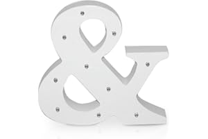 K AKTUAL Letra & en Madera Blanca Iluminada con 10 Luces LED - Decoración e Iluminación de Escaparates o Espacios - Ideal para Apoyar o Colgar - Funciona con Pilas AAA - Altura 15 cm - Aktual