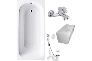 BADOSAN Bathtub 4-in-1 Complete Set Steel Rectangular Tub 160 x 70 cm White with Bath Bracket, Drain Fitting and Wall Fitting