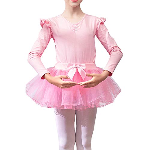 Lefuku Enfant Fille Justaucorps de Gymnastique Ballet Danse Dancewear Manches Longues avec Self-Tie Jupe en Mousseline (Rose 100cm)