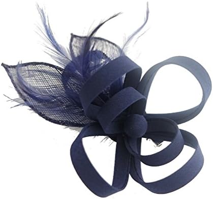 Stunning Crepe Looped Flower Hair Fascinator with Sinamay Leaves and matching Feathers finished on Sprung Clip (Navy Blue)