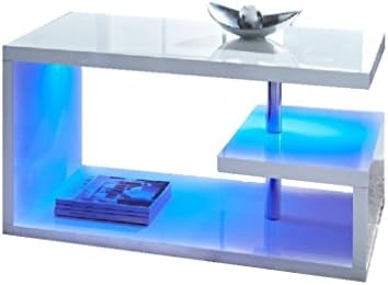 Luxury Alaska Modern High Gloss Large Coffee Table with Blue LED Lights - White