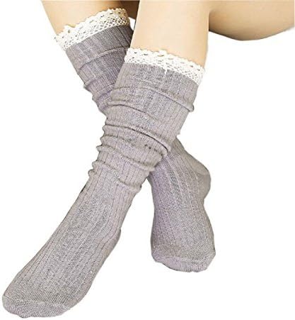 Cinoyoni 5 Pack Women Cotton Crochet Boot Socks with Lace Trim Knit Knee High Stockings