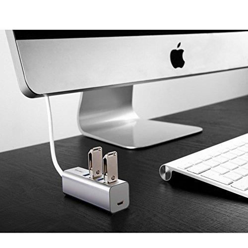 COTOP Aluminium 4 Port kompakte portable Hochgeschwindigkeits-USB 3.0 Daten Hub Stromversorgung Adapter für Desktop-Laptop PC Smart TV Type-C mit eingebautem 11 Zoll USB 3.0 Kabel – Silber - 4