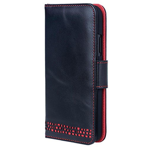 Ed Hicks iPhone X Leather Case — iPhone XS Wallet Case — 5.8" — Genuine Leather — Quad Protection System— RFID Blocking — Stand Function — Many Unique Features — Vintage Black and Red
