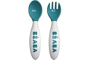 BEABA BÉABA - Set of 2nd Age Training Fork and Spoon Nude - Ergonomique Shape - Suitable for Left-Handed and Right-Handed - Transport Case included - Blue