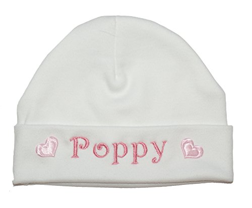 Little Hearts Baby Hat 100% Super Soft Double Layered Cotton Personalised & Embroidered with the name of your choice. (0-3 Months, White & Pink Hearts)