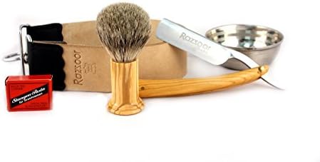 RAZZOOR 5-piece razor set olive wood exclusive razor set with stainless steel blade - strop made of genuine buffalo leather, strop belt paste from Solingen, shaving brush Silberspitz badger hair