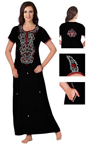 LADIES 100% COTTON LONG NIGHTDRESS NIGHTY CHEMISE EMBROIDERY DETAILED SIZE 14-22-Black-XL (18-22)