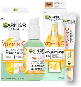 Garnier Vitamina C Glow Booster Set con cura degli occhi anti-affaticamento e crema sierica, per una pelle radiosa e uniforme e per alleviare i segni di stanchezza, SkinActive, 2 pezzi