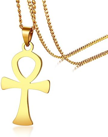Vnox Stainless Steel Flat Ankh Cross of Life Pendant Necklace for Women Girls High Polish Gold,Free Chain