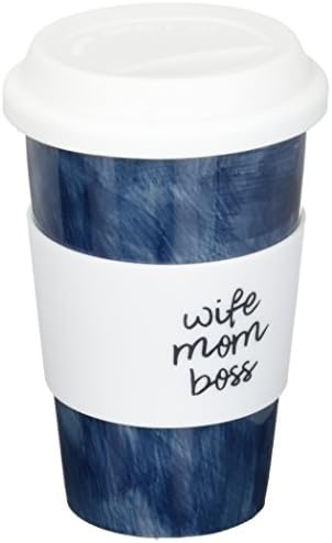 Mom Life Wife Boss Navy 10 Oz Travel Coffee Mug with Silicone Lid, Ceramic, Blue, 10 Ounce