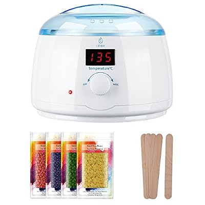 Lavany Appareil Chauffe Cire, Kit d’Epilation à La Cire, Temprérature Ajustable, Ecran Lisible, Pot Amovible, Bâtonnets Applicateurs, 4 Sachets de Cire en Cadeau
